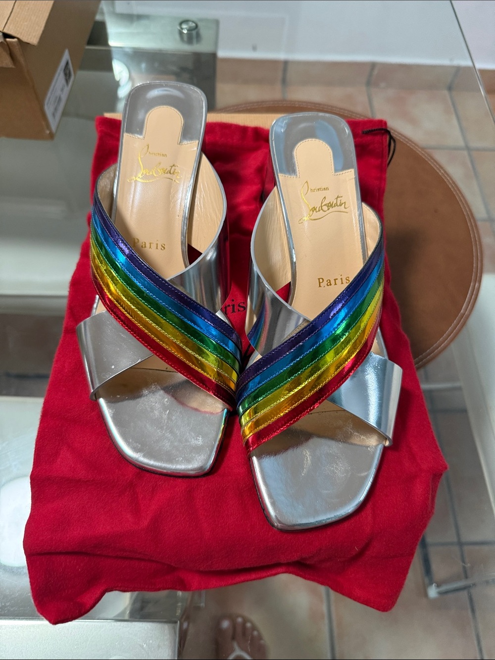 Christian Louboutin Silver Mules with Rainbow Straps